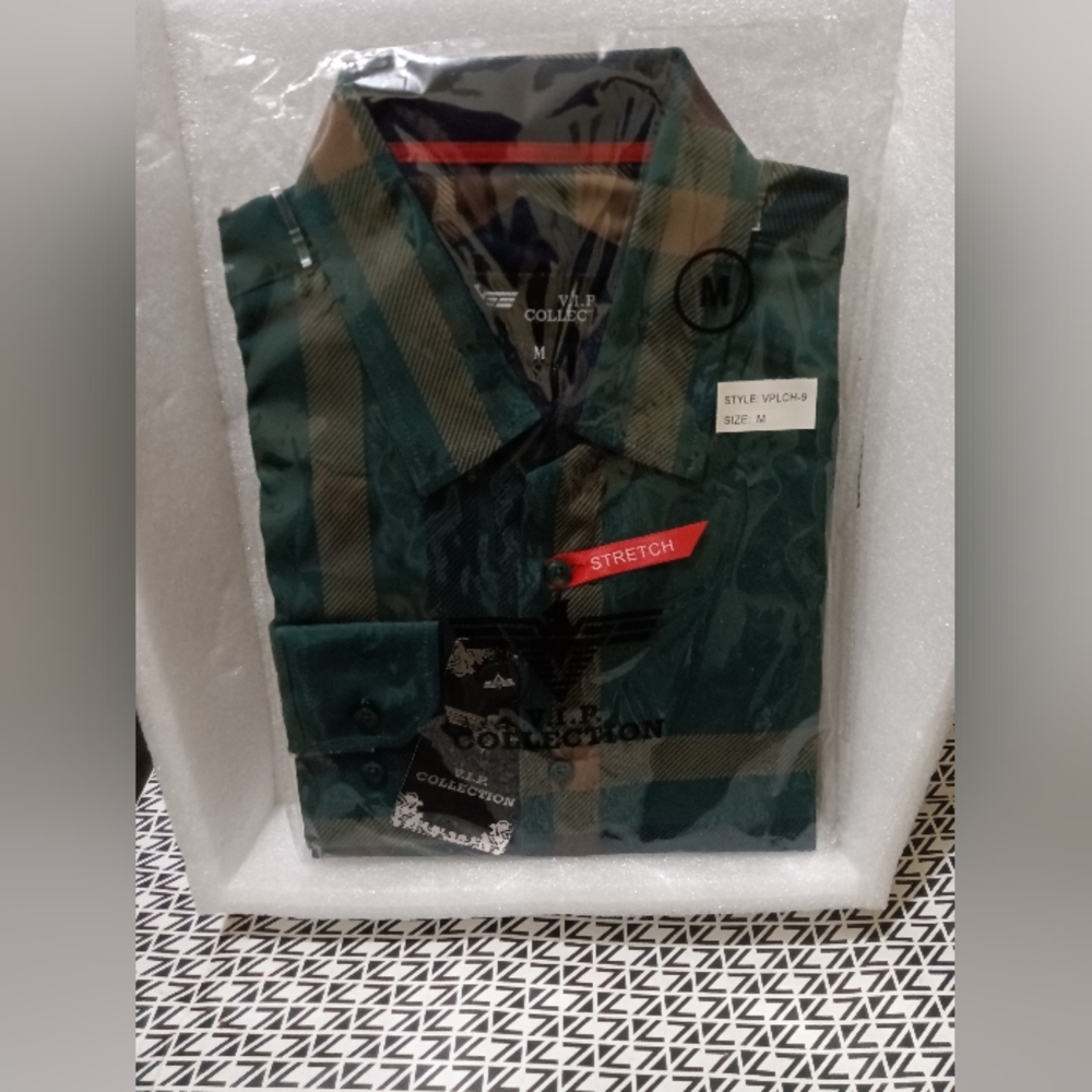 Green and Tan Striped Shirt - Size M